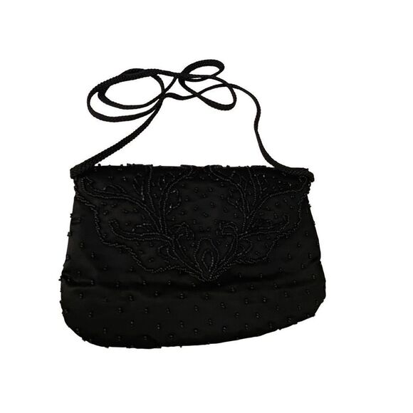 La Regale Vintage Black Satin Beaded Handbag Purse - Picture 3 of 10